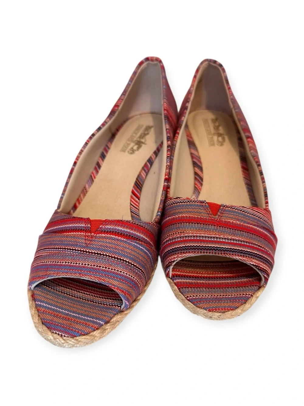 Coach and Four Red Multi-Striped Peep-Toe Wedges 6.5